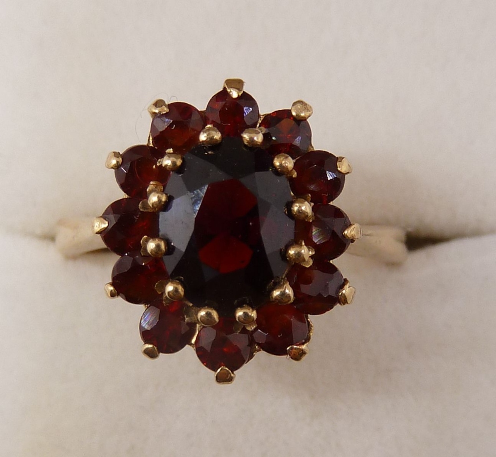 A 9 carat gold garnet cluster ring, size M-N, 3.7g