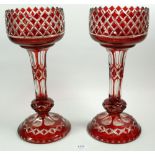 A pair of Bohemian red flashed lustres, 31cm tall