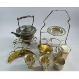 A box of silver plated items including spirit kettle