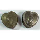 Two silver heart form boxes embossed 'Charlies Aunt', Walker & Hall 1895