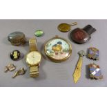 Various badges and collectables including watch, white metal box, cufflinks etc.