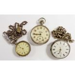 A silver pocket watch and silver fob chain, an Army Service watch, on fancy white metal fob chain