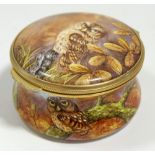 A Moorcroft enamel circular box painted owls limited edition, 49/50, 5.5cm diameter
