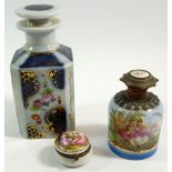Two French painted porcelain scent bottles, tallest 17cm and a Limoges style box