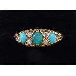 A 9 carat gold ring set turquoise and chip diamonds, size T