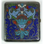 A Russian 84 standard silver cigarette case with enamel scrollwork and stylised foliage decoration