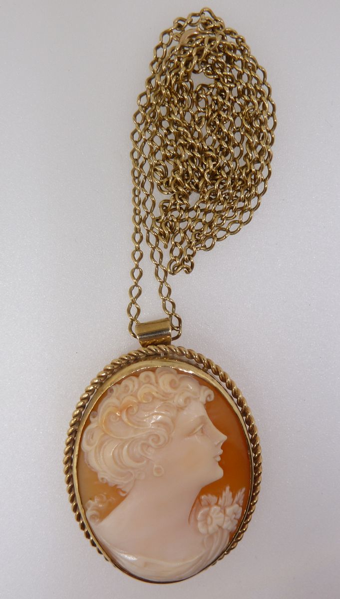 An oval yellow metal cameo pendant on 9 carat gold chain, (chain 4.9g) - Image 2 of 4