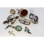 A box of antique silver and jewellery including silver cornelian and bloodstone fob etc.