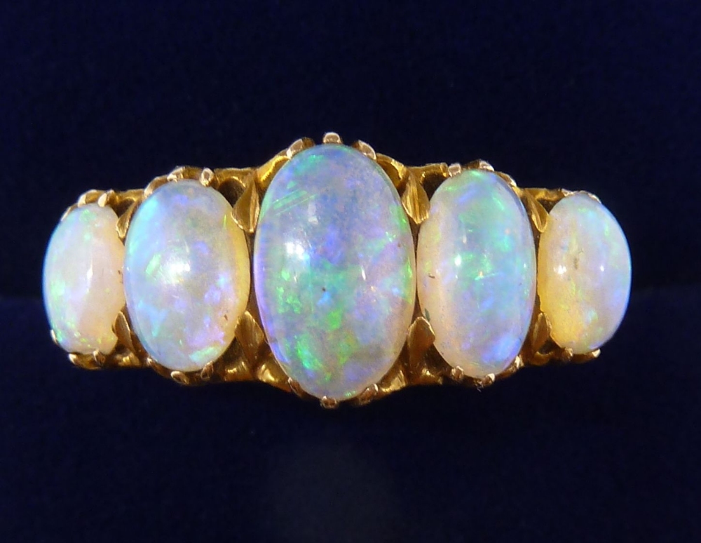 An 18 carat gold five stone opal ring, size O, 5.2g, unmarked - Image 2 of 5