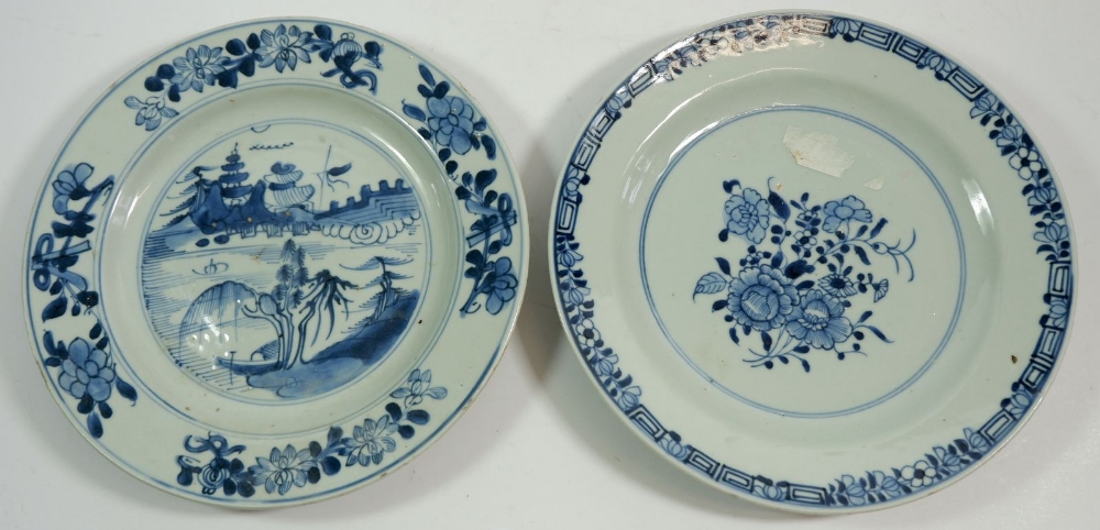 Two Chinese mid Qing period plates painted flowers and landscape, 25.5 cm diameter