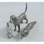 A silver plated miniature fox, hound and chicken, (hound 11cm long)
