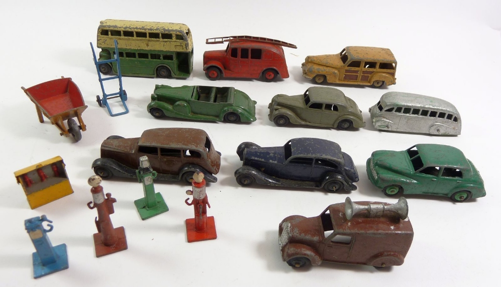 A box of Dinky mainly pre-1950's cars, petrol pumps etc.