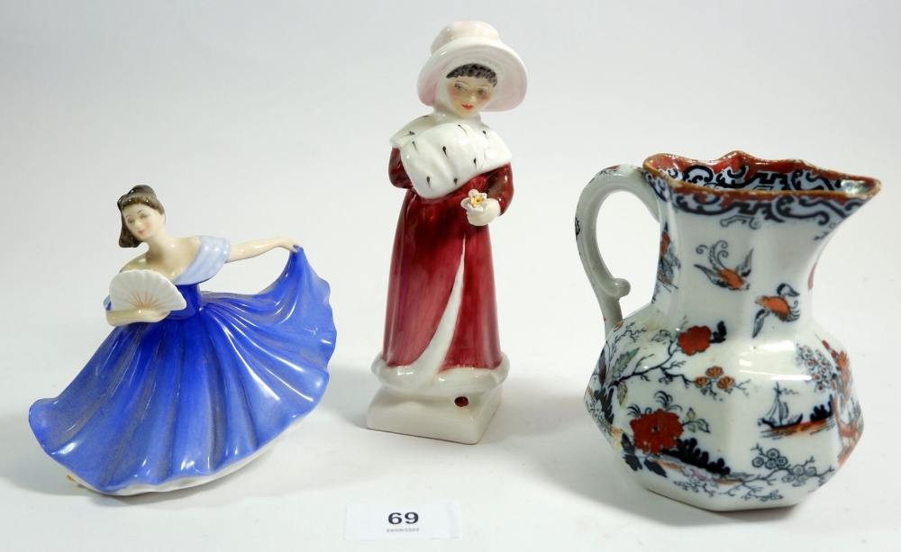 Two Royal Doulton figures and a Victorian Masons jug