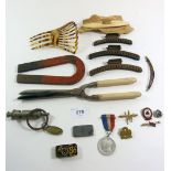 A box of collectables including Police whistle, badges etc.