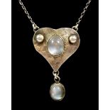 A silver Arts & Crafts heart form pendant set moonstones, on silver chain, signed 'H'