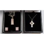 A Celtic silver pendant and enamelled silver pendant and earrings, boxed