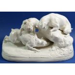 A Victorian white pottery group of three hunting dogs, 31cm wide, a/f
