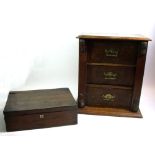 A Victorian walnut table top Wellington style cabinet of three drawers, 38cm tall and an elm box