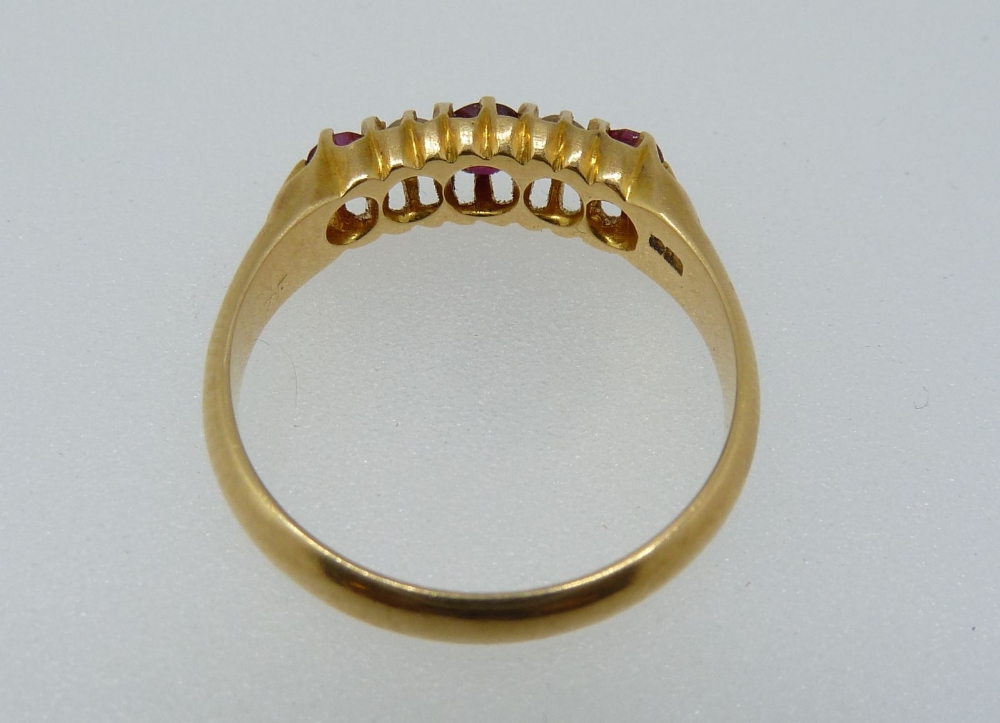 An 18 carat gold ring set three rubies and two diamonds, size O to P - Image 3 of 3