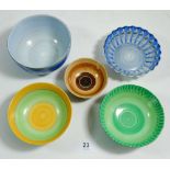 A selection of five Shelley Art Deco small Harmony Ware bowls, largest, 11cm diameter