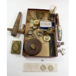 A box of various collectables including whistle, tape measure etc.