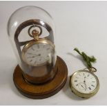 A Benson silver plated pocket watch, a Prescot gold plated pocket watch and a glass domed watch