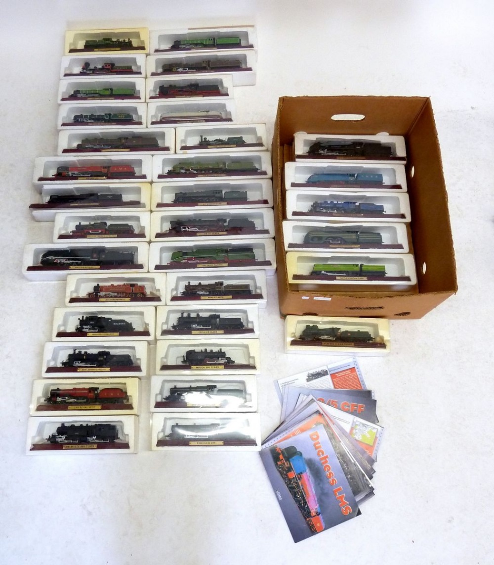 Two boxes of Atlas train models in original containers (34 in total) plus 22 leaflets