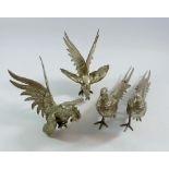 A pair of silver plated pheasants, 31cm and pair of cockerals