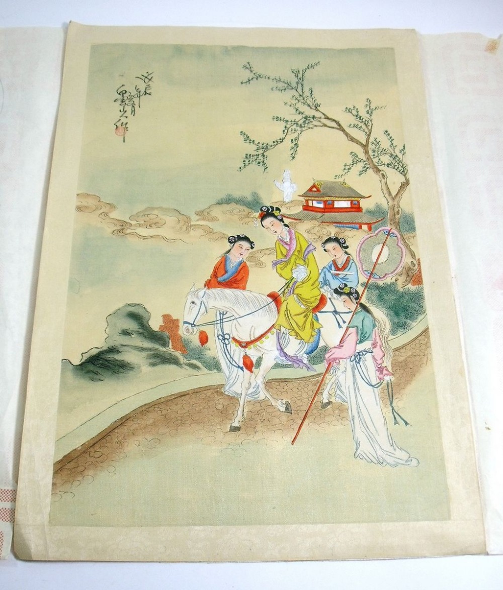 A Chinese watercolour of a lady on a horse with attendants, unframed but in original paper packaging