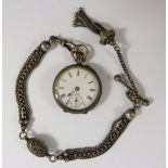 A Swiss 935 silver fob watch with engraved decoration on silver plated decorative fob chain