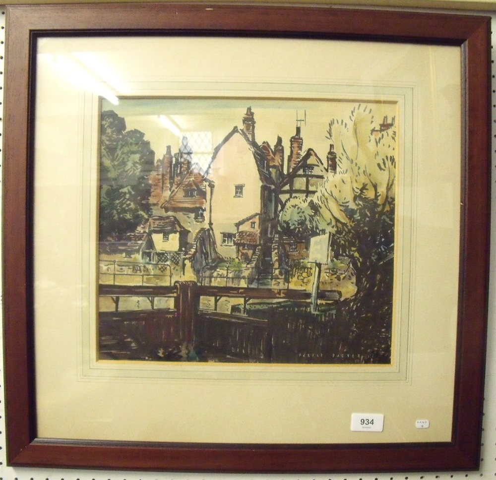 Harold Packer - watercolour The Lock Gates, Tewkesbury 1957, painted whilst the artist was on