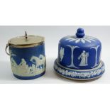 A Wedgwood Jasperware biscuit barrel, and a Wedgwood style small cheese stand