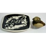 An Eric Leaper Newlyn pottery dish painted horses 25 x 19 cm and a studio pottery bird