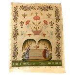 A 19th century tapestry sampler or picture with floral border, flowers and angels with two women