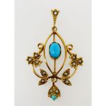 An Edwardian 9 carat gold pendant set turquoise and seed pearls, 4.1 cm