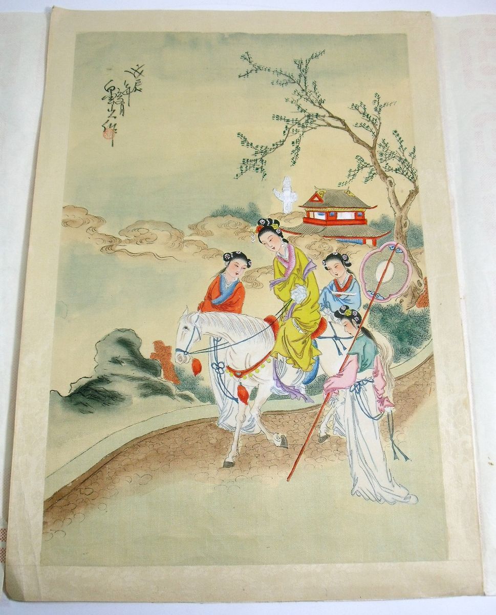 A Chinese watercolour of a lady on a horse with attendants, unframed but in original paper packaging - Image 2 of 2