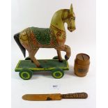 A painted Indian toy wooden horse, a mauchline ware barrel money box and a Tunbridgeware paper knife