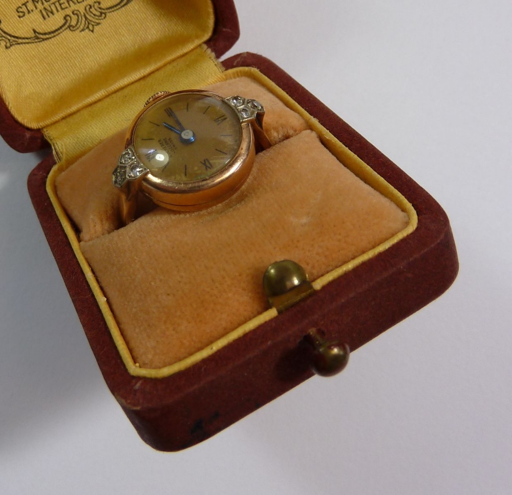 ABucherer 15ct gold vintage ring watch set diamonds, size N - Image 4 of 4