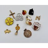Various assorted badges, pins and pendants including a Snoopy one