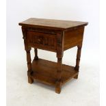 A Jacobean style small side table with frieze drawer and turned supports, 65cm wide x 66cm high