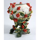 A Victorian porcelain vase in the form of a basket clad with holly branches, R mark to base, 13 cm
