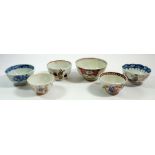 A group of five 18th century Chinese polychrome tea bowls and a blue and white one