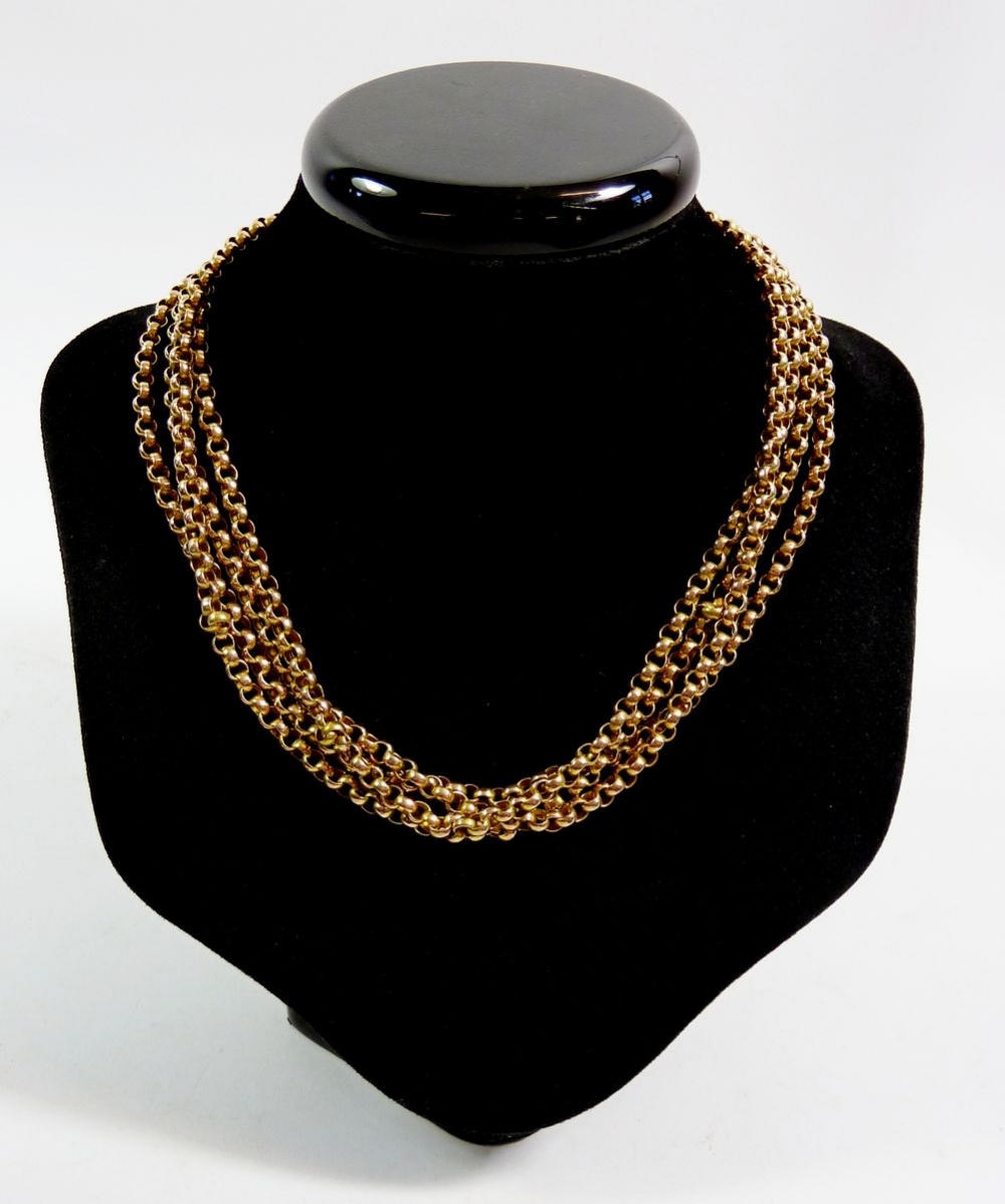 A 9 carat gold long fob chain, 34g