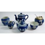 A Wedgwood early 20th century Jasperware tea service comprising: teapot, covered sugar, sugar,