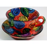 A Mary Rose Young large size breakfast cup and saucer painted roses, cup rim 16cm diameter