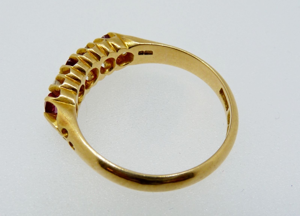 An 18 carat gold ring set three rubies and two diamonds, size O to P - Image 2 of 3