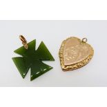 A 9 carat gold heart form locket, 3.2g and a 'jade' and gold pendant