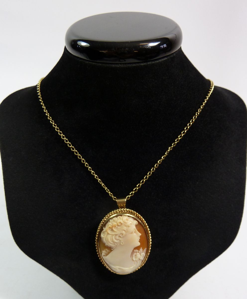 An oval yellow metal cameo pendant on 9 carat gold chain, (chain 4.9g)