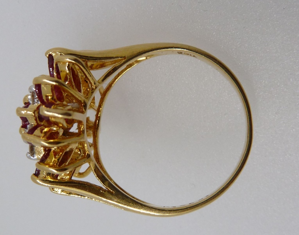 An 18 carat gold three tier ruby and diamond cluster ring, size K-L, 5.6g - Image 4 of 4