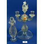 A Venetian glass candlestick with floral decoration and dolphin surmount, some damage, 31 cm, and